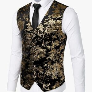 Zeroyaa Mens Hipster Metallic Paisley Print Single Breasted V Neck Vest Mens XXL